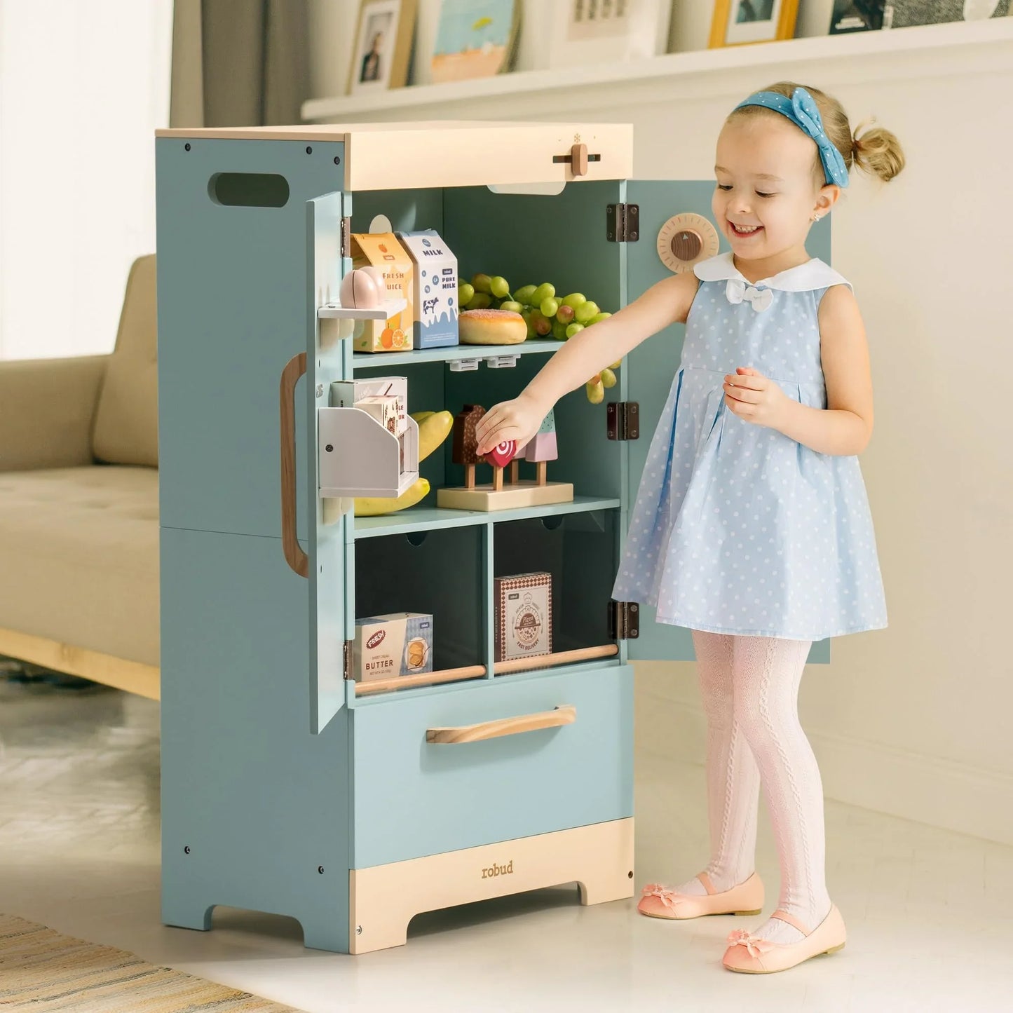 Robotime Robud Play Kitchen Fridge Refrigerator with Ice Dispenser Wooden Kids Play Kitchen Playset Toy for Ages 3+Blue